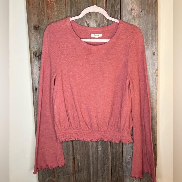 Madewell Smocked Bell Sleeve 100% Cotton Top in Autumn Berry/ Mauve sz S - Picture 3 of 12
